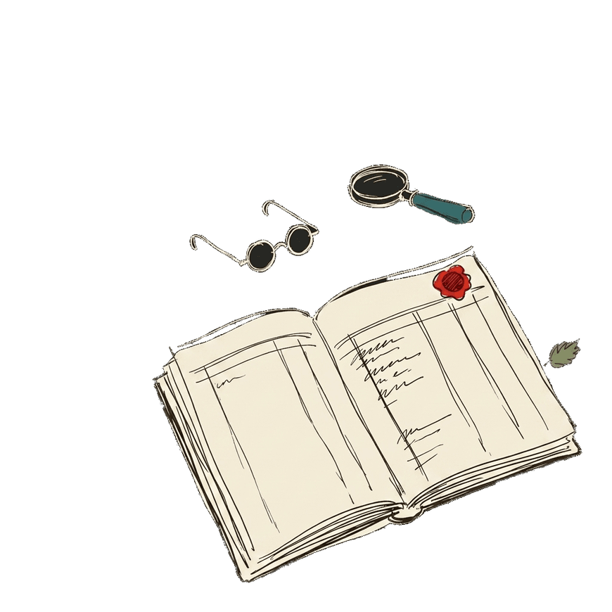 Розгорнута облікова книга під окулярами й лупою; у кутку — червона сургучева печатка