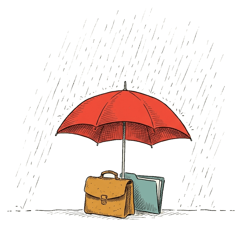 An umbrella shields a folder of documents from the rain
