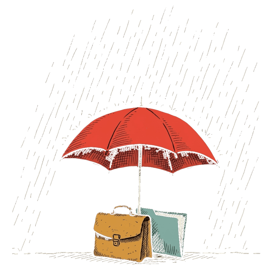 An umbrella shields a folder of documents from the rain