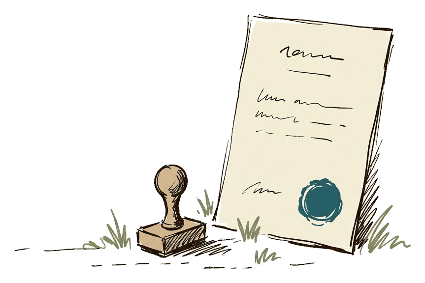 A sealed document with a stamp beside it