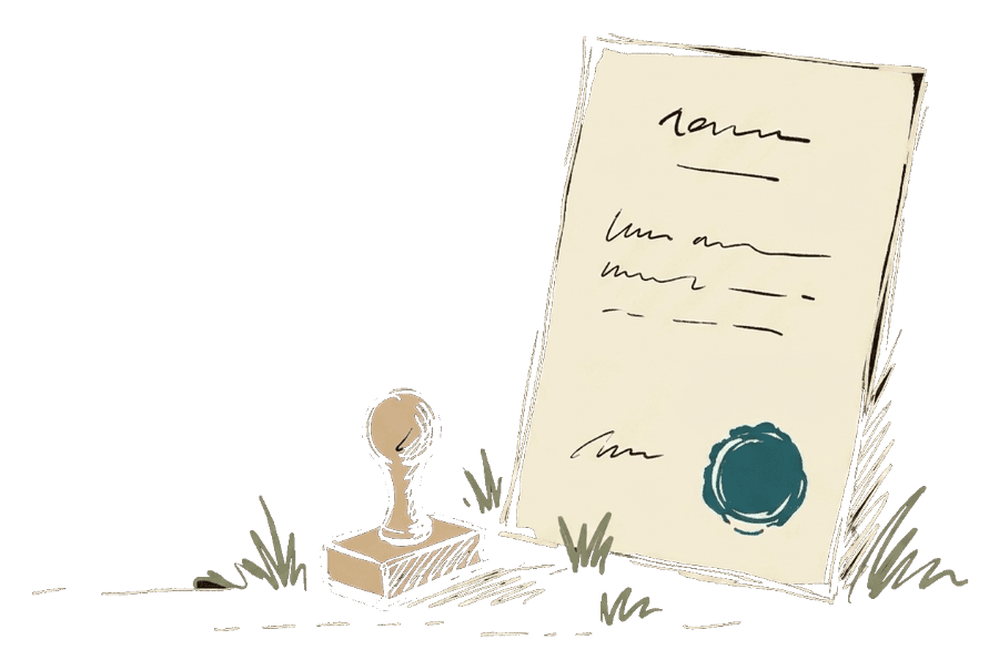A sealed document with a stamp beside it