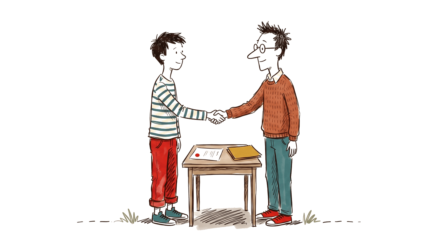 Illustration: two people shaking hands over a table with a signed document