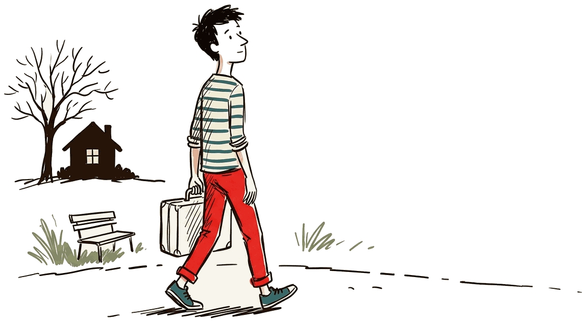 Иллюстрация: мужчина с чемоданом оглядывается на тёплый дом, который оставляет позади