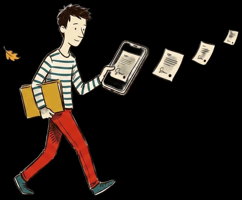 Людина крокує з текою під пахвою й підписує документ у смартфоні — підписані документи розлітаються