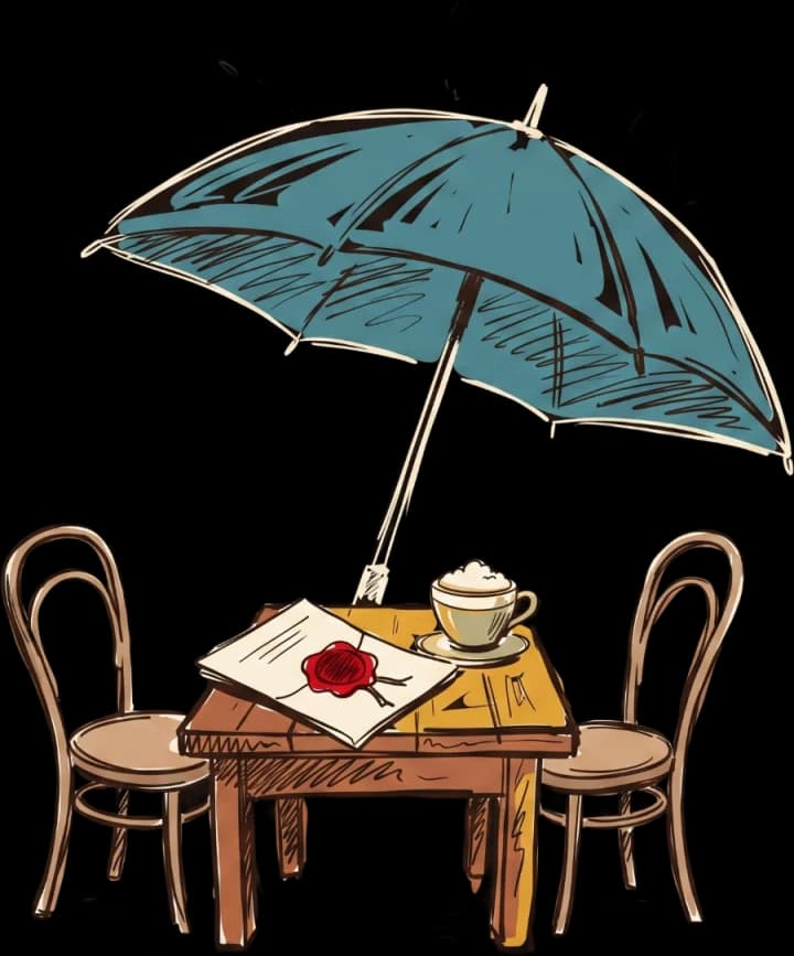 Велика петролева парасолька накриває столик із двома стільцями, документом із печаткою і чашкою кави