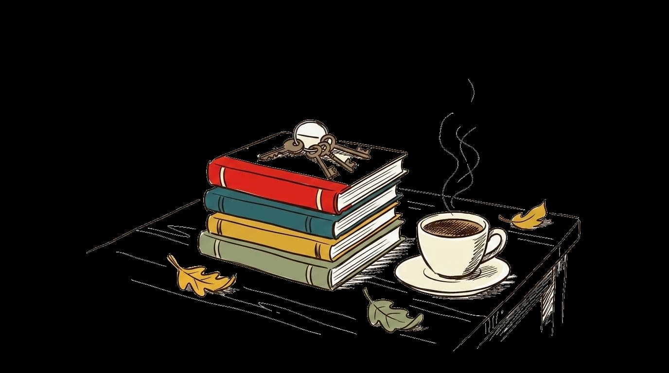 Книги, ключі та чашка на деревʼяному столі
