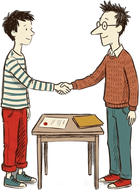 Illustration: Zwei Personen geben sich über einem Tisch mit Dokument und goldener Mappe die Hand